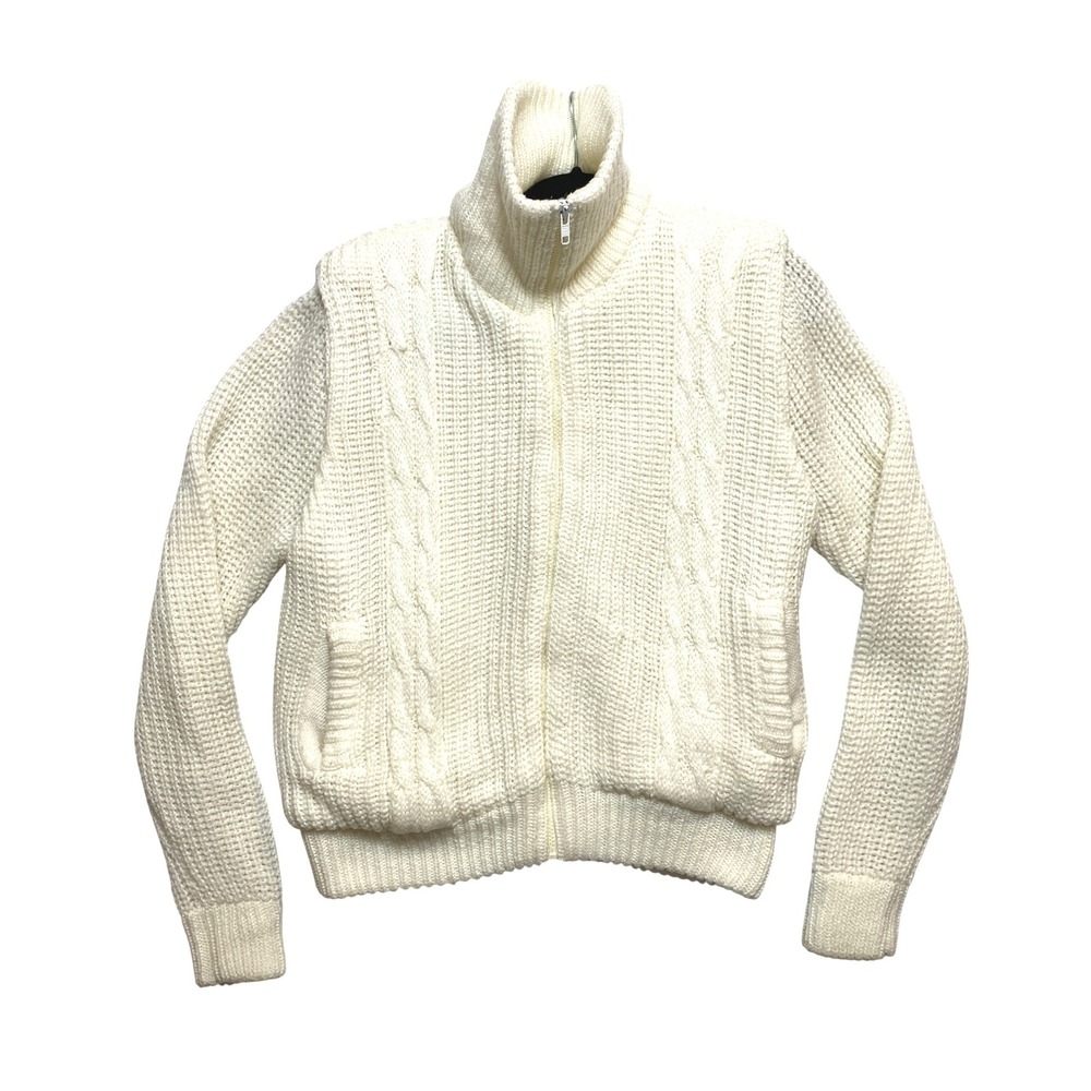 Vintage Chill Chasers Sweater Womens Large Cream Knit Sherpa Lined Cable Zip Up
